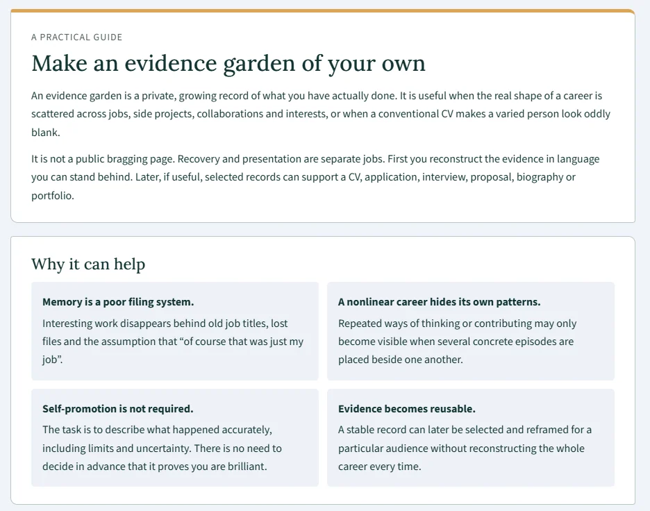 A page in the Evidence Garden titled Make an evidence garden of your own, with a short introduction and four reasons it can help: memory is a poor filing system, a nonlinear career hides its own patterns, self-promotion is not required, and evidence becomes reusable.