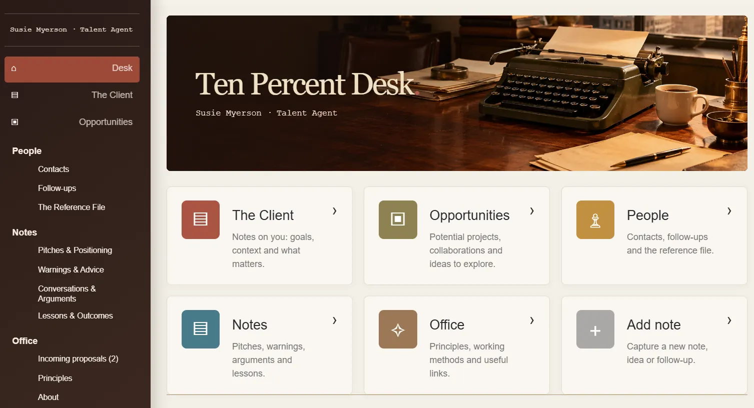 The Ten Percent Desk homepage: a dark brown sidebar listing the Client, Opportunities, People, Notes and Office sections; a wide photograph of an old typewriter on a wooden desk; and six navigation cards for the working notebook.
